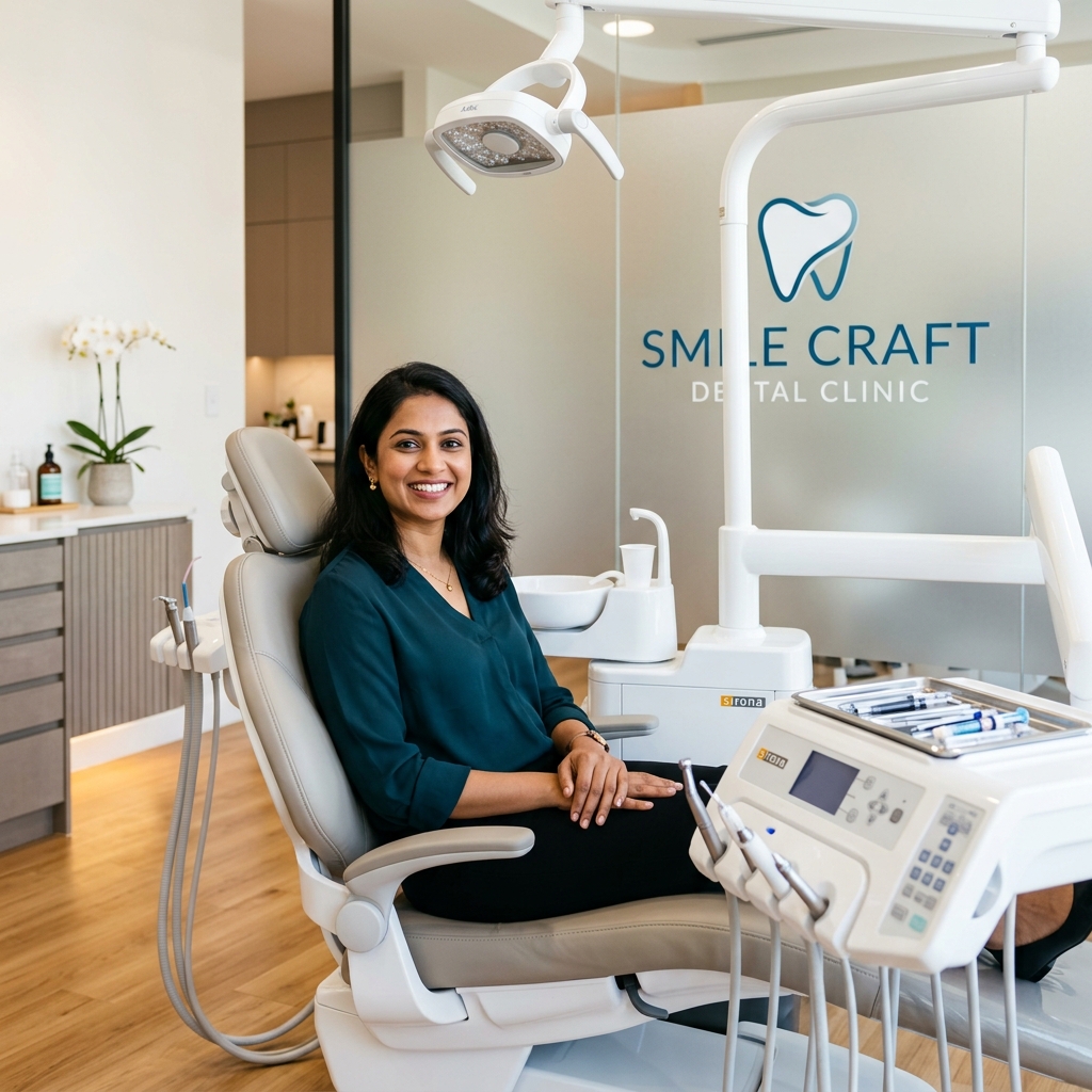 Smiling patient sitting in modern dental chair at Smile Craft Sus Pune